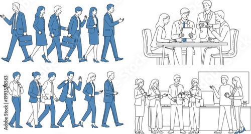 Business people walking, meeting, and teamwork scenes in line style with blue accents, corporate professionals collaboration, office communication and group discussion vector illustration
