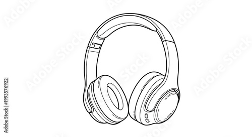 Line drawing of wireless headphones with over ear cushions and adjustable headband transparent background
