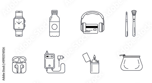 Daily Essentials Icons: Smartwatch, Headphones, Makeup Brushes, Power Bank, Lighter