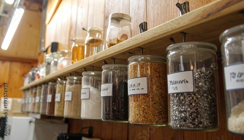 An assorted collection of labeled glass jars containing various dry ingredients, meticulously organized on rustic wooden shelves in a cozy kitchen pantry setting.