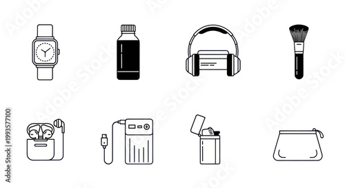Everyday Accessories Icons: Smartwatch, Headphones, Makeup Brush, Power Bank, Earbuds, Lighter, Pouch