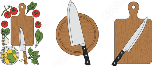 Wooden Cutting Board Vector Illustration with Chef’s Knife, Fresh Vegetables, and Culinary Food Preparation Elements for Cooking, Restaurant, and Kitchen Design Projects
