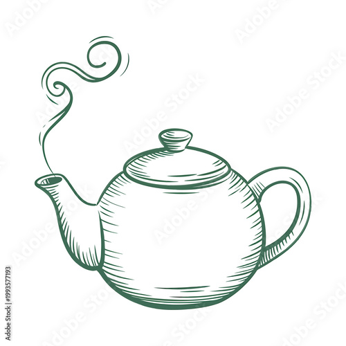 A delicately sketched green teapot emits a wisp of steam suggesting warmth and refreshment