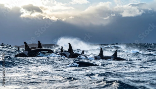 A pod of orcas, or killer whales, actively hunting in the ocean's choppy waves under a dramatic sky
