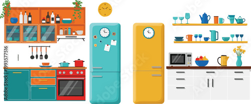 Colorful Modern Kitchen Interior Vector Illustration with Cabinets, Appliances, Refrigerators, Utensils, and Decorative Elements for Culinary, Domestic, and Lifestyle Design Projects