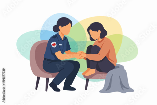 Paramedic comforting a distressed woman in emergency situation