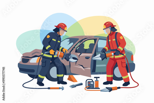 Firefighters using hydraulic tools to rescue victims from a car crash