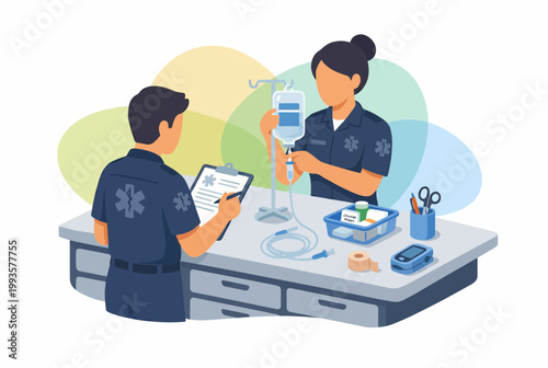 Paramedics Preparing Medical Equipment and Documentation