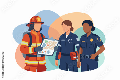 Emergency First Responders Coordinating Rescue Strategy Vector