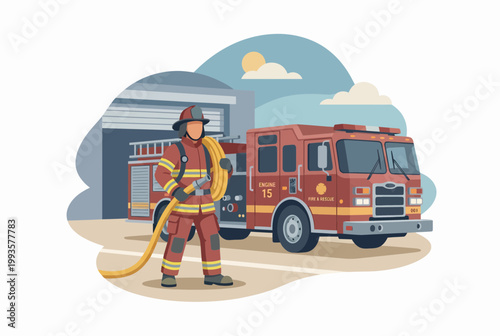 Firefighter Standing in Front of Fire Truck Outside Station