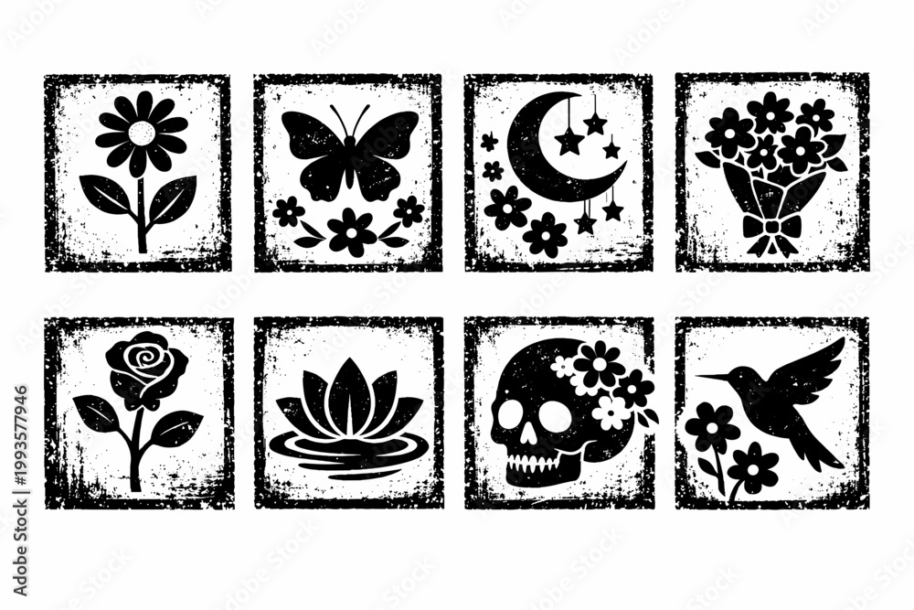Fototapeta premium Distressed Rectangular Badge Icons in Black and White Featuring Inked Butterfly, Crescent, Stars, Rose, Lotus Blossom, Skull, and Hovering Hummingbird Motifs in a Weathered Woodcut Stamp Aesthetic