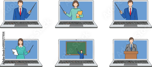 Diverse Online Teaching Vector Illustration with Educators Presenting Lessons on Laptops, Highlighting Remote Learning, Digital Instruction, and Virtual Classroom Communication Styles