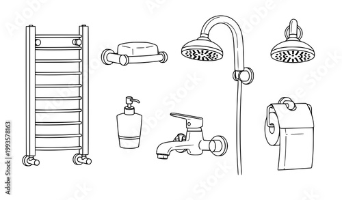 Bathroom fittings line icon set towel rack vector collection