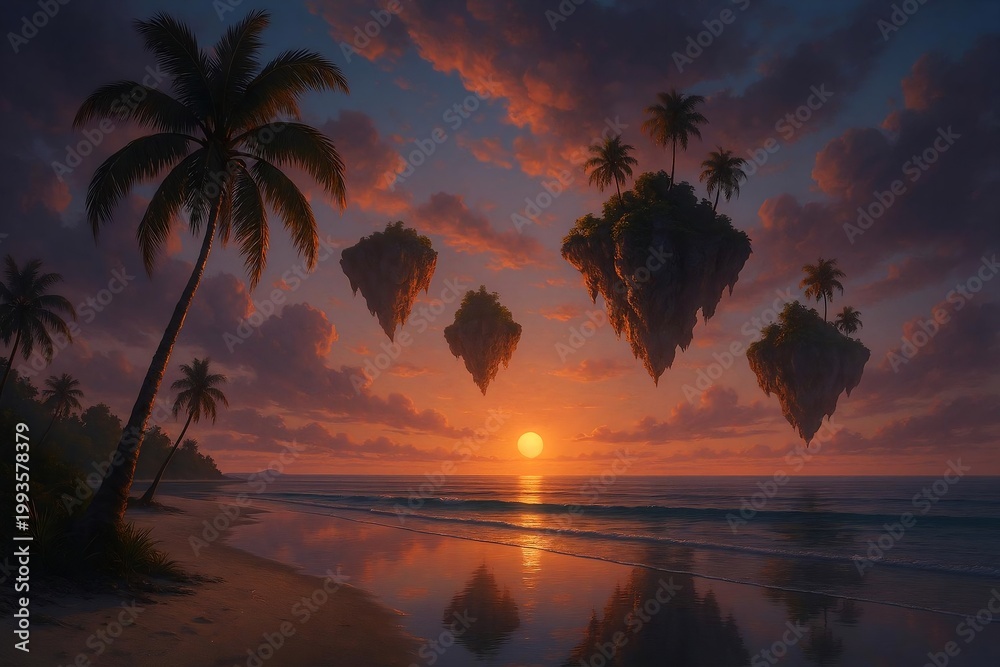 Obraz premium Serene sunset view with floating islands above a tranquil beach