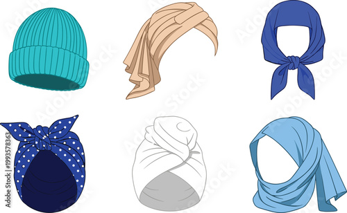 Variety of Cultural and Fashion Head Coverings Including Beanie, Scarf, Turban, and Hijab in Colorful Vector Illustrations for Style and Identity