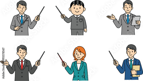 Professional Teacher and Instructor Characters Set Holding Pointer Stick in Classroom Presentation Poses for Education, Training, School, and Business Illustration Design