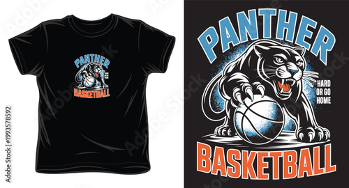Fierce panther basketball player illustration with vintage typography for collegiate sports apparel and team branding.