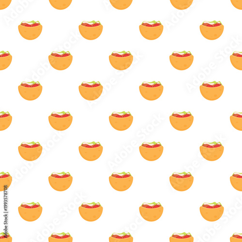 Stuffed pita bread sandwiches creating a delicious food pattern on a white background
