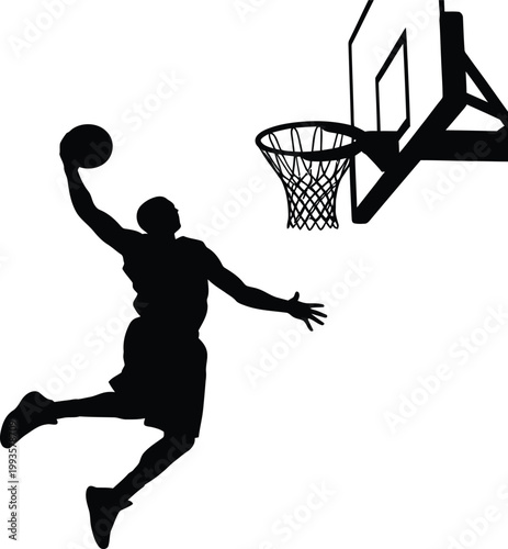Basketball player silhouette jumping slam dunk toward hoop basket, dynamic black sport action concept illustration vector