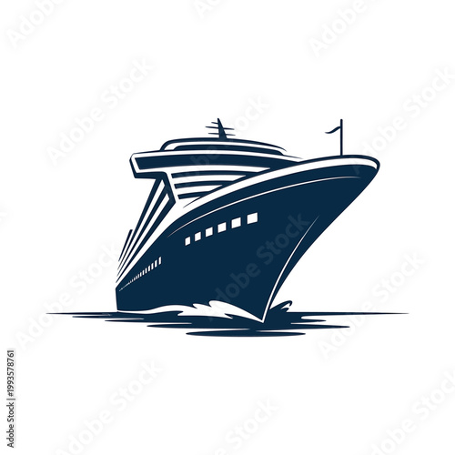 A stylized dark blue illustration depicts a large cruise ship sailing on water