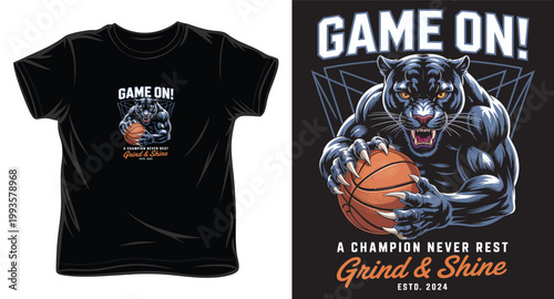 Strong panther mascot holding basketball for motivational sports team apparel and custom garment decoration.