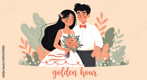 Newlywed Couple Embracing on Their Wedding Day with Floral Accents.