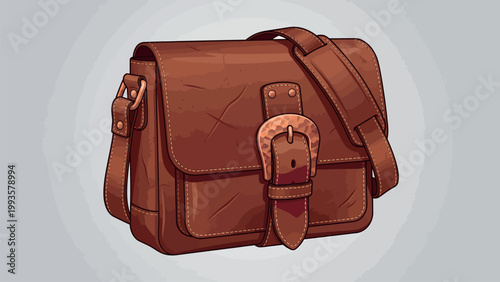 Distressed Brown Leather Messenger Bag Vector With Hammered Copper Buckle