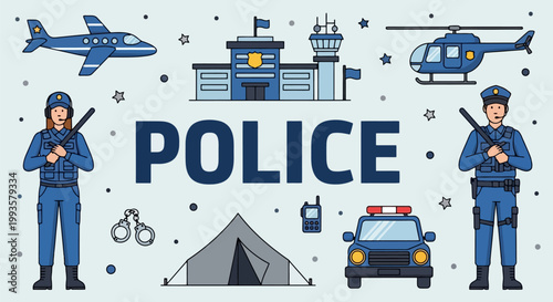 Police Force Elements - Officers, Vehicles, and Equipment.