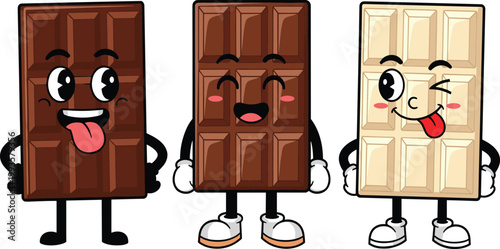 Cute Funny Cartoon Chocolate Bar Character Set Dark Milk and White Chocolate Mascot with Happy Face Expression Vector Illustration Design Collection