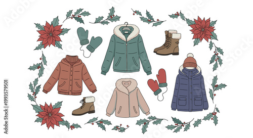Collection of winter apparel including jackets, boots, and mittens framed by festive holly and poinsettia flowers.