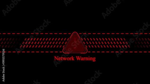 Digital network warning alert sign with red glowing warning triangle and animated data stream background overlay