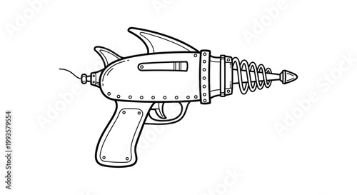 Retro science fiction ray gun illustration featuring fins and a coiled barrel design in black and white line art.