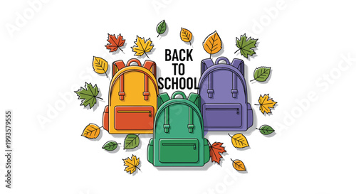 Back to school themed illustration with three colorful backpacks and falling autumn leaves on a white background.