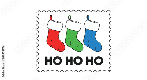 Festive postage stamp design featuring three colorful Christmas stockings and the jolly ho ho ho text for the holidays.