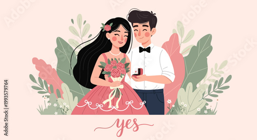 Romantic Couple Engagement Proposal with Ring and Flowers.