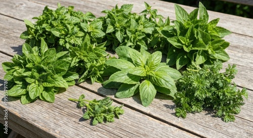 Assortment of fresh herbs, arranged on weathered wooden planks