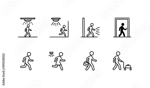 Minimalist motion sensor and walking figures vector icons in black and white for security and automation design