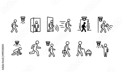 Motion sensor detection vector icon set with walking figures and sensors in black and white for security and technology illustrations