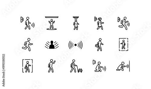 Black and white motion sensor vector icon pack with walking human figures for automation and security illustrations