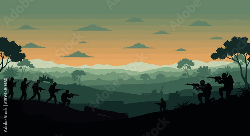 Silhouettes of soldiers in a battle scene at sunset.