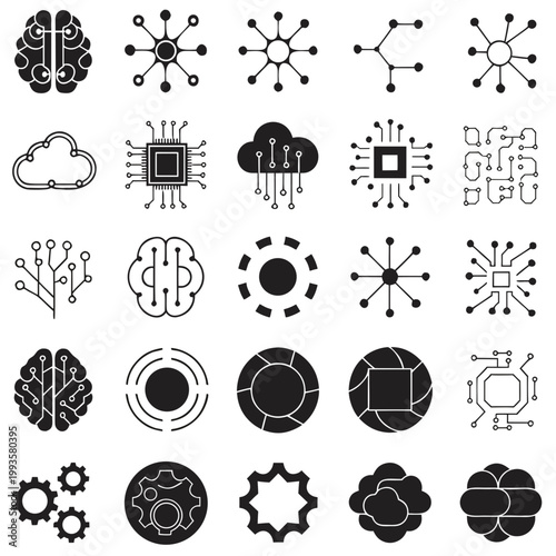 Technology icons, brain and gear symbols, AI and robotics signs, black and white vector graphics
