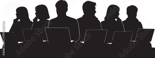 Black Solid Home Based Writer Looking Window Laptop Silhouettes Set of Six on White Background