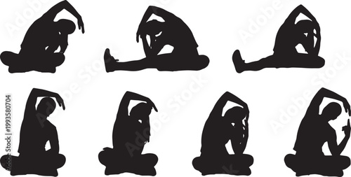 Black Solid Home Office Employee Seated Yoga Stretch Silhouettes Set of Six on White Background