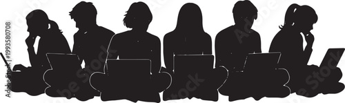 Black Solid Home Based Writer Looking Window Laptop Silhouettes Set of Six on White Background