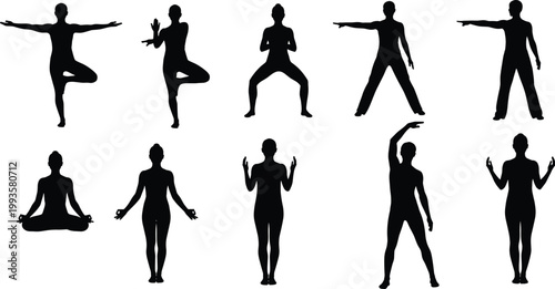 Set of yoga woman silhouettes, female athlete practicing meditation, tree pose, lotus position, stretching, zen wellness, fitness workout gear, vector graphics, isolated