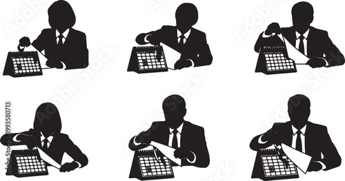 Black Solid Home Office Manager Tearing Calendar Page Silhouettes Set of Six on White Background