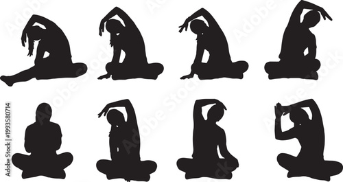 Black Solid Home Office Employee Seated Yoga Stretch Silhouettes Set of Six on White Background