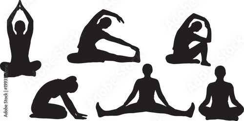 Black Solid Home Office Employee Seated Yoga Stretch Silhouettes Set of Six on White Background