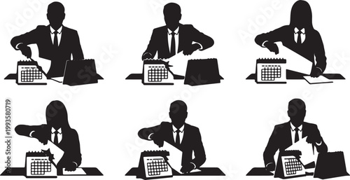 Black Solid Home Office Manager Tearing Calendar Page Silhouettes Set of Six on White Background