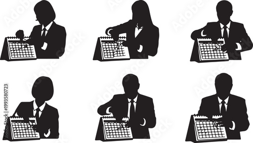 Black Solid Home Office Manager Tearing Calendar Page Silhouettes Set of Six on White Background